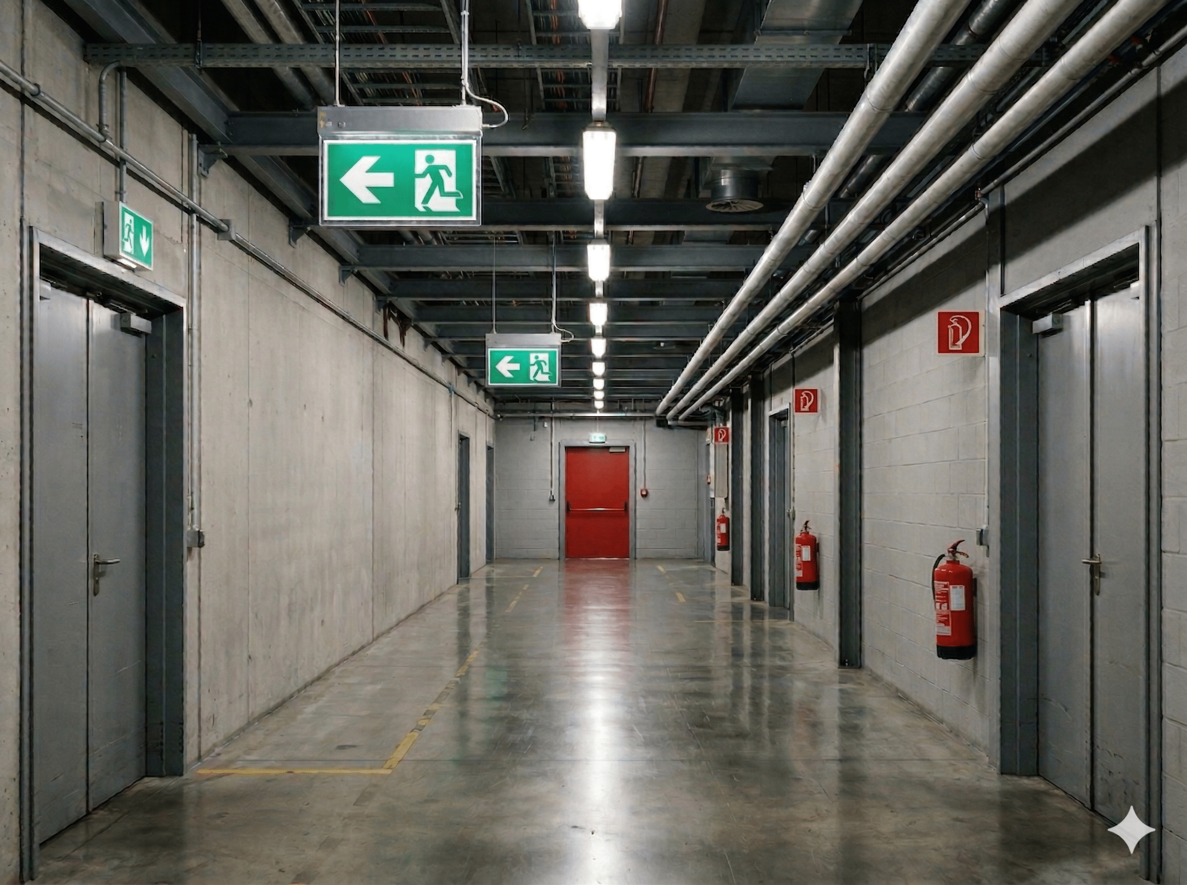 corridoio_cartelli Corridoio industriale con segnaletica di emergenza ISO 7010: segnali di evacuazione, uscita di sicurezza e indicazioni di percorso